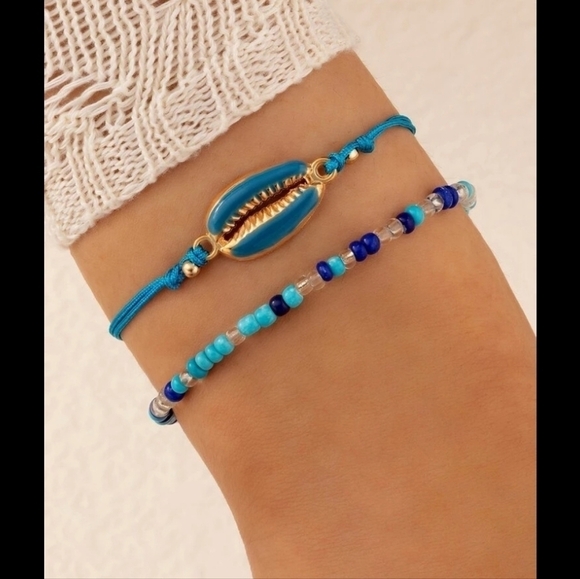 Blue Puka Shell Anklet & Turquoise Mini Beads Anklet - Picture 1 of 5